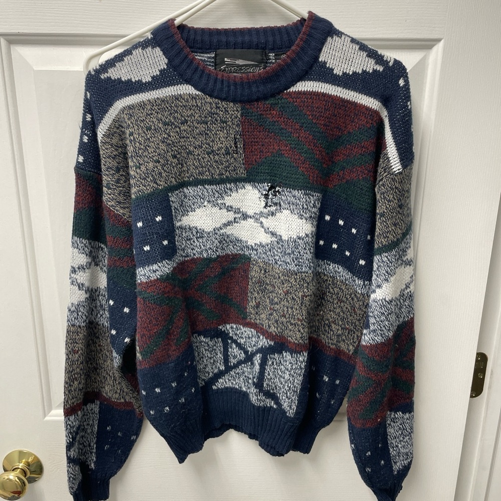 Expressions Men's Patchwork Crewneck Sweater - Blue, Green, Brown